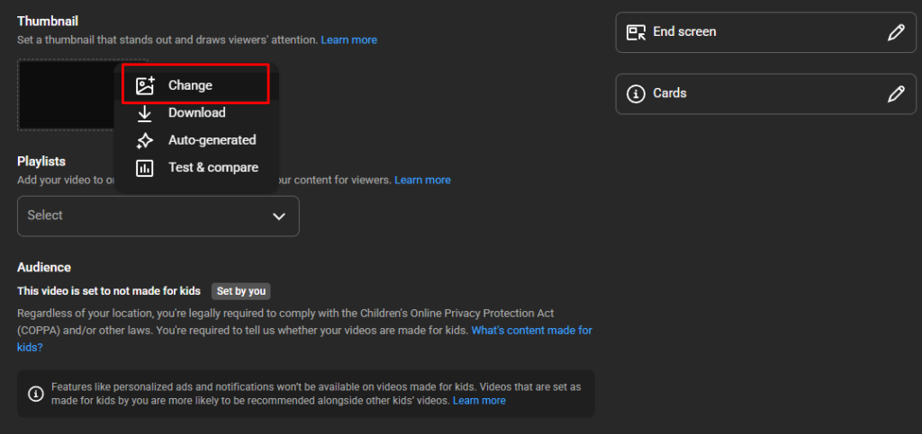 Menu untuk mengubah thumbnails video youtube