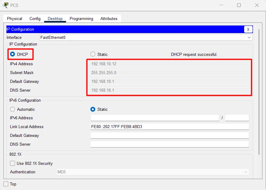 PC Cisco Packet Tracer berhasil mendapatkan IP otomatis menggunakan DHCP dari router Cisco.
