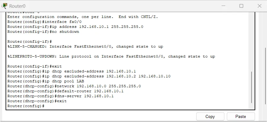 Tampilan konfigurasi DHCP lengkap di router Cisco melalui CLI, mulai dari pengaturan IP Address hingga pembuatan DHCP pool.