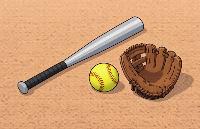 Ilustrasi alat-alat permainan softball berupa tongkat pemukul, bola, dan sarung tangan
