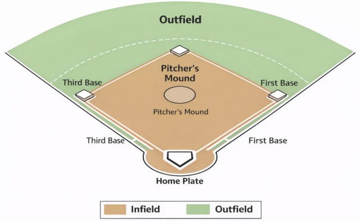 Pembagian permukaan lapangan softball menjadi infield dan outfield beserta fungsinya
