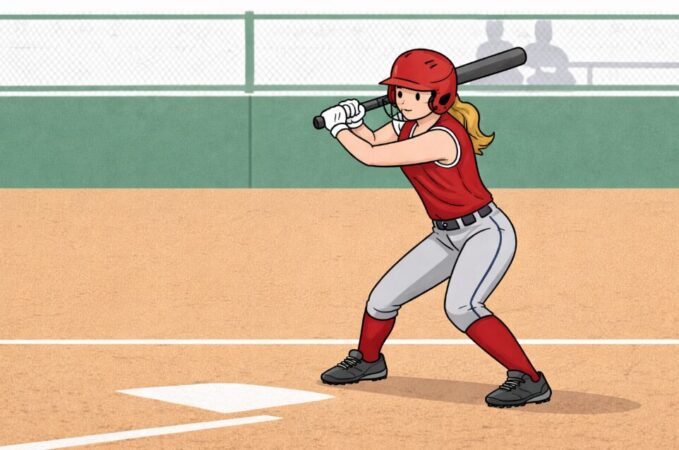 Ilustrasi teknik pukulan ayun dalam permainan softball dengan posisi bat di atas bahu